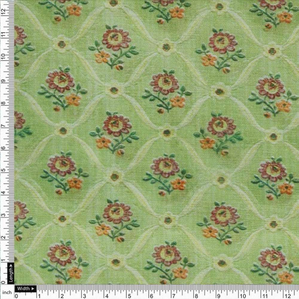 Lime Green Ditsy Floral Ogee Pattern Chanderi Fabric