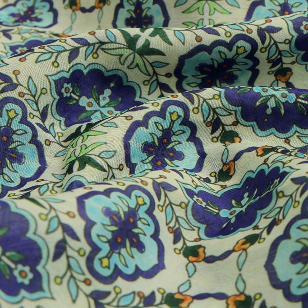 Royal Blue & Green Damask Floral Motif Chanderi Fabric – ch 0 ta05885 108 1