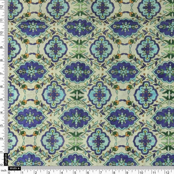 Royal Blue & Green Damask Floral Motif Chanderi Fabric – ch 0 ta05885 108 4