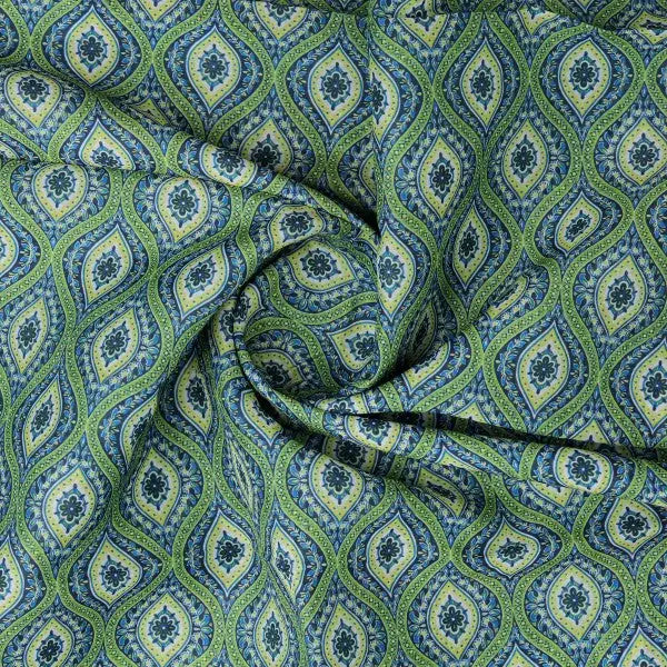 Vibrant Green and Blue Damask Motif Chanderi Fabric – ch 0 ta05886 108 2