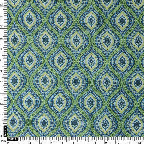 Vibrant Green and Blue Damask Motif Chanderi Fabric – ch 0 ta05886 108 4