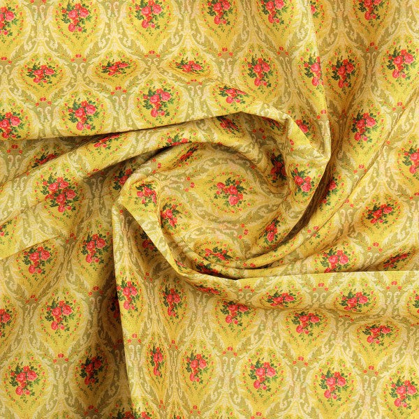 Yellow Damask Floral Print Chanderi Fabric for Kurtis