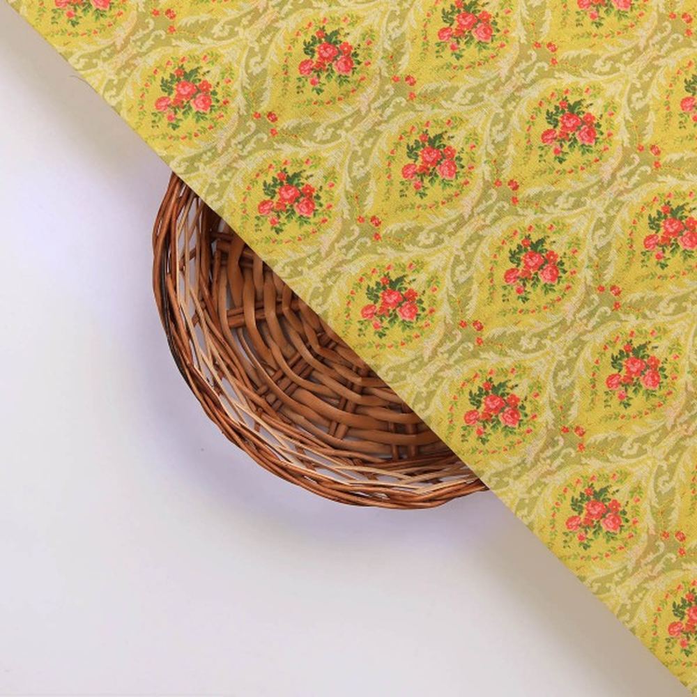 Yellow Damask Floral Print Chanderi Fabric for Kurtis