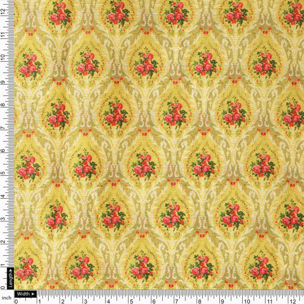 Yellow Damask Floral Print Chanderi Fabric for Kurtis