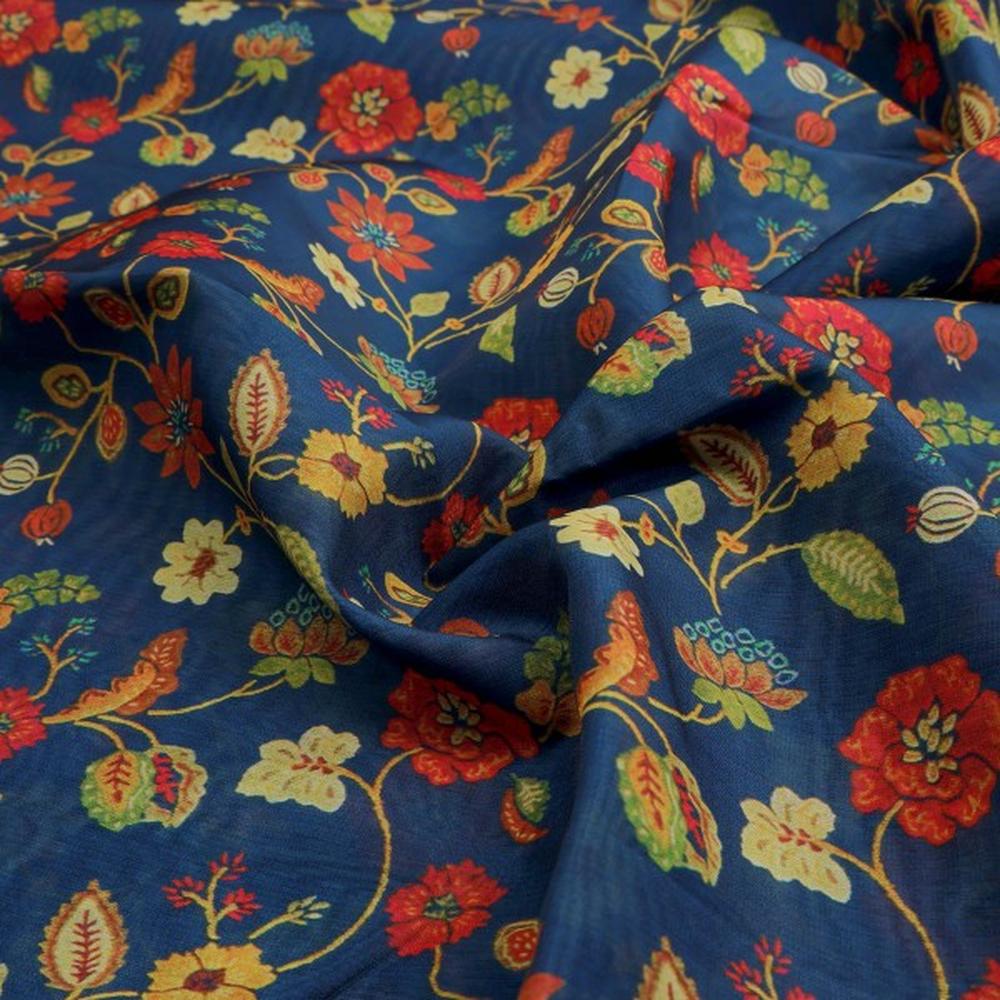 Vintage Floral Jaal Printed Chanderi Fabric in Navy – ch 0 ta07321 108 1