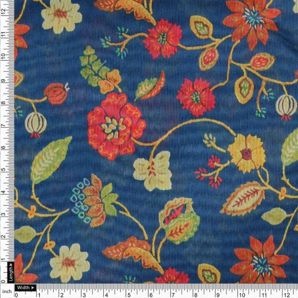 Vintage Floral Jaal Printed Chanderi Fabric in Navy – ch 0 ta07321 108 4