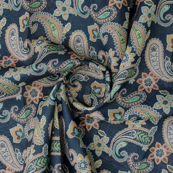 Navy Blue Paisley & Floral Printed Chanderi Fabric – ch 0 ta07622 108 2