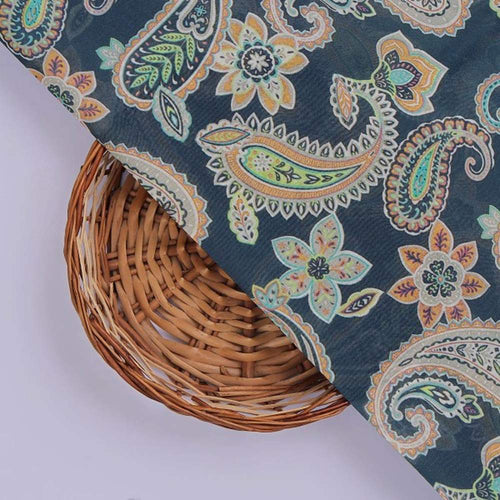Navy Blue Paisley & Floral Printed Chanderi Fabric – ch 0 ta07622 108 3