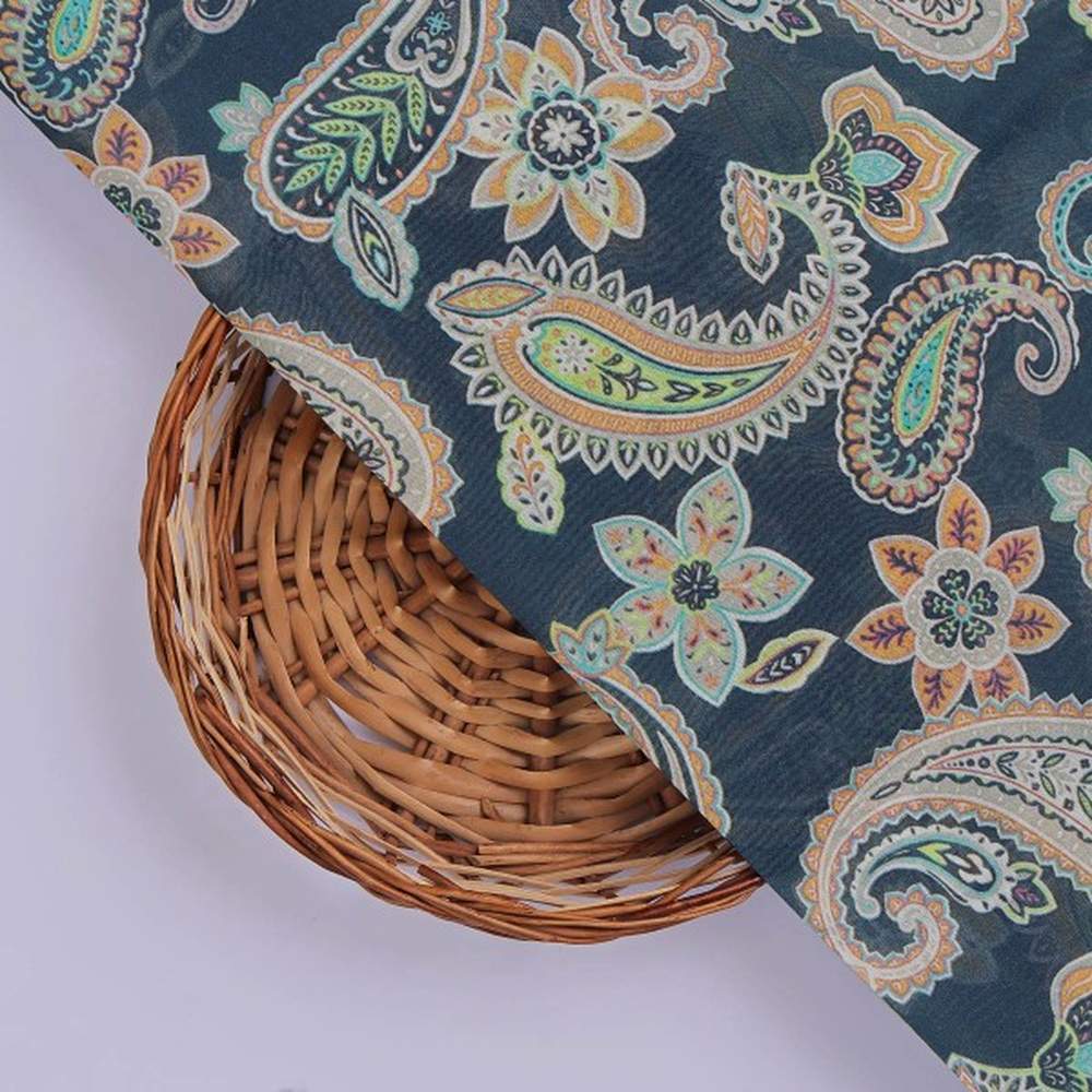 Navy Blue Paisley & Floral Printed Chanderi Fabric – ch 0 ta07622 108 3