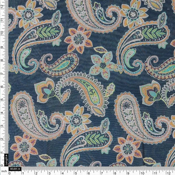 Navy Blue Paisley & Floral Printed Chanderi Fabric – ch 0 ta07622 108 4
