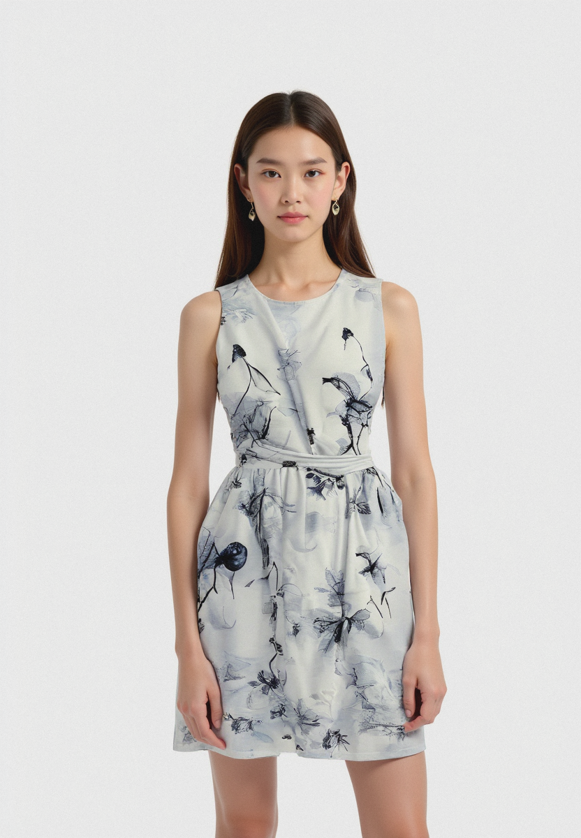 Black Floating Flowers Digital Printed Fabric - Weightless