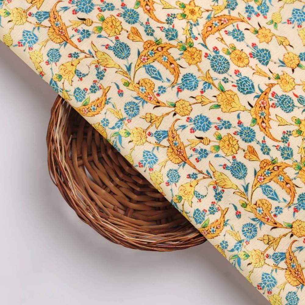 Cream Yellow Blue Floral Ethnic Polyester Printed Fabric – dpq 0 aa769 145 3