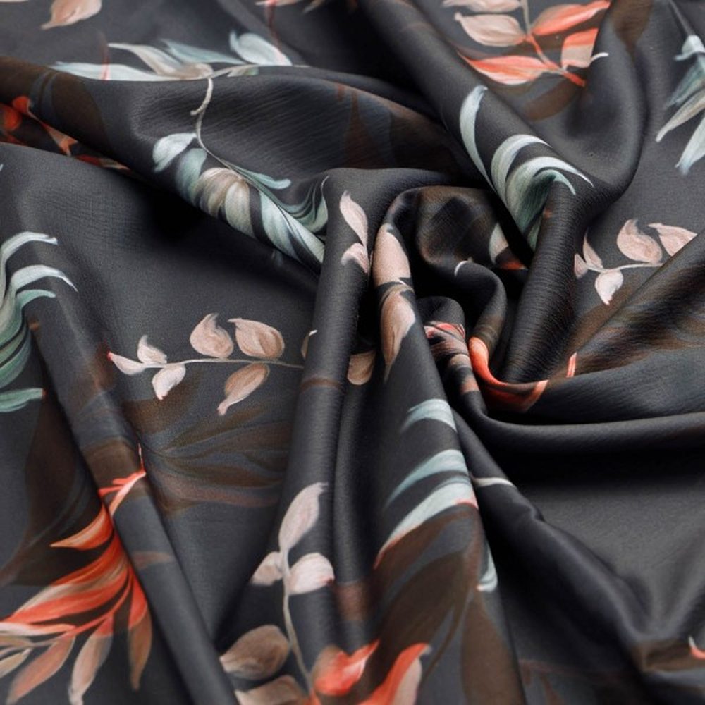 Dark Grey Botanical Leaves Print Premium Polyester Fabric – dpq 0 aa770 145 1