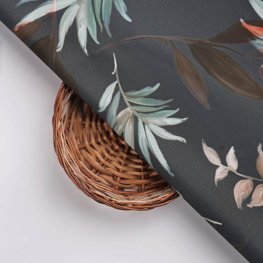 Dark Grey Botanical Leaves Print Premium Polyester Fabric – dpq 0 aa770 145 3