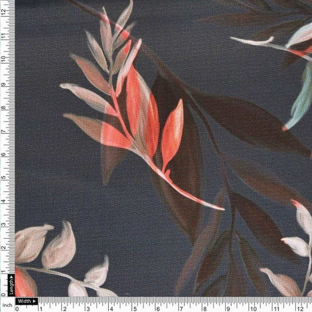 Dark Grey Botanical Leaves Print Premium Polyester Fabric – dpq 0 aa770 145 4