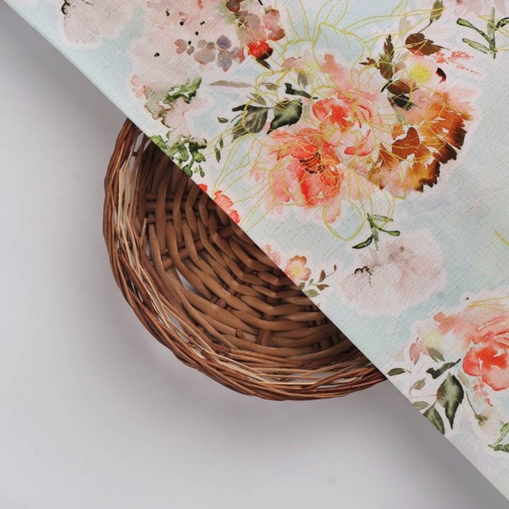 Light Blue Orange Floral Printed Premium Polyester Fabric – dpq 0 aa771 145 3
