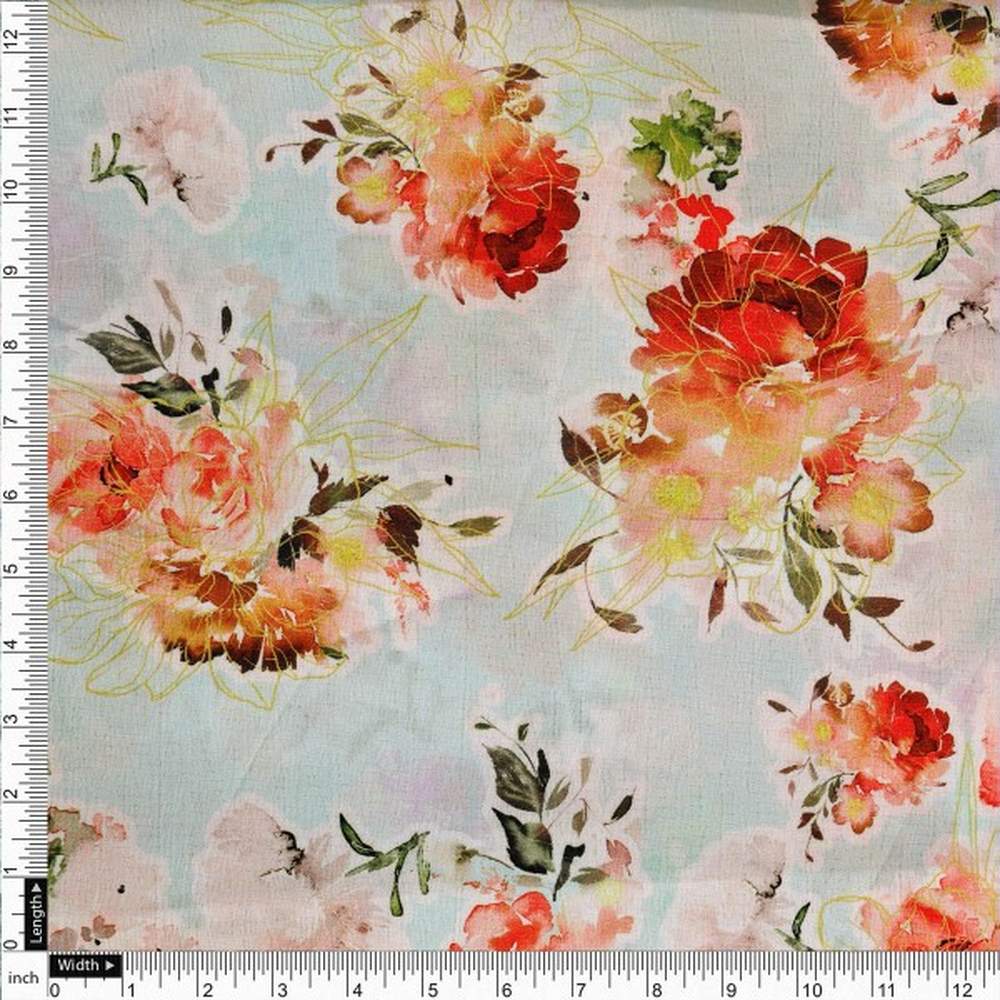 Light Blue Orange Floral Printed Premium Polyester Fabric – dpq 0 aa771 145 4