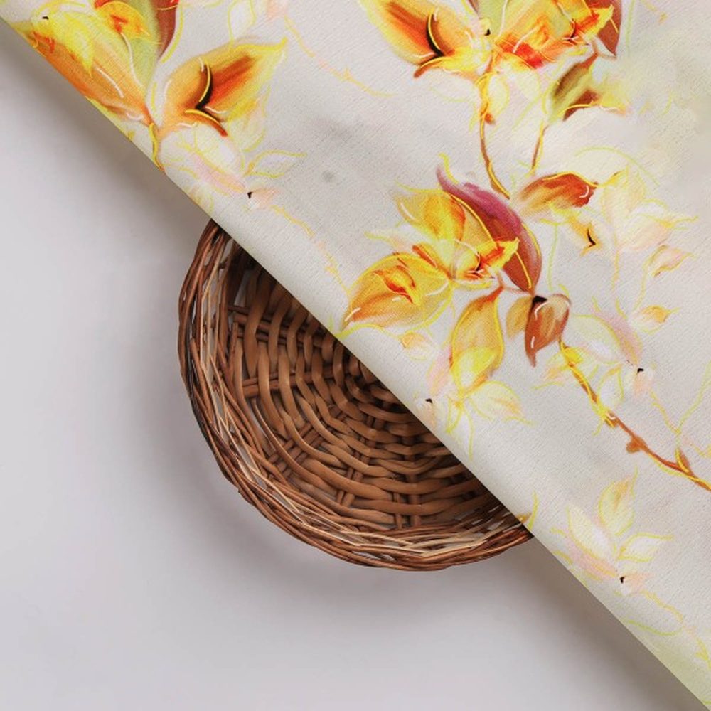 Vibrant Yellow Orange Floral Printed Polyester Fabric – dpq 0 aa776 145 3