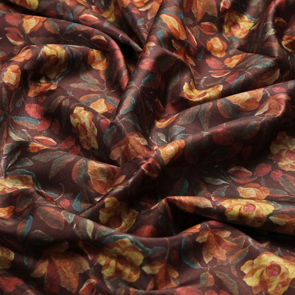 Floral Coffee Brown Dola Silk Fabric - Polyester Print – ds 0 aa689 110 1