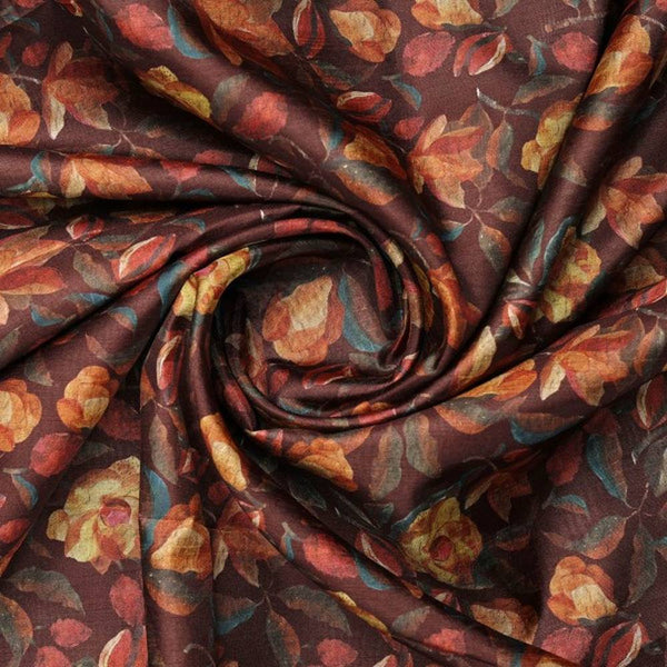 Floral Coffee Brown Dola Silk Fabric - Polyester Print – ds 0 aa689 110 2 - alternate view