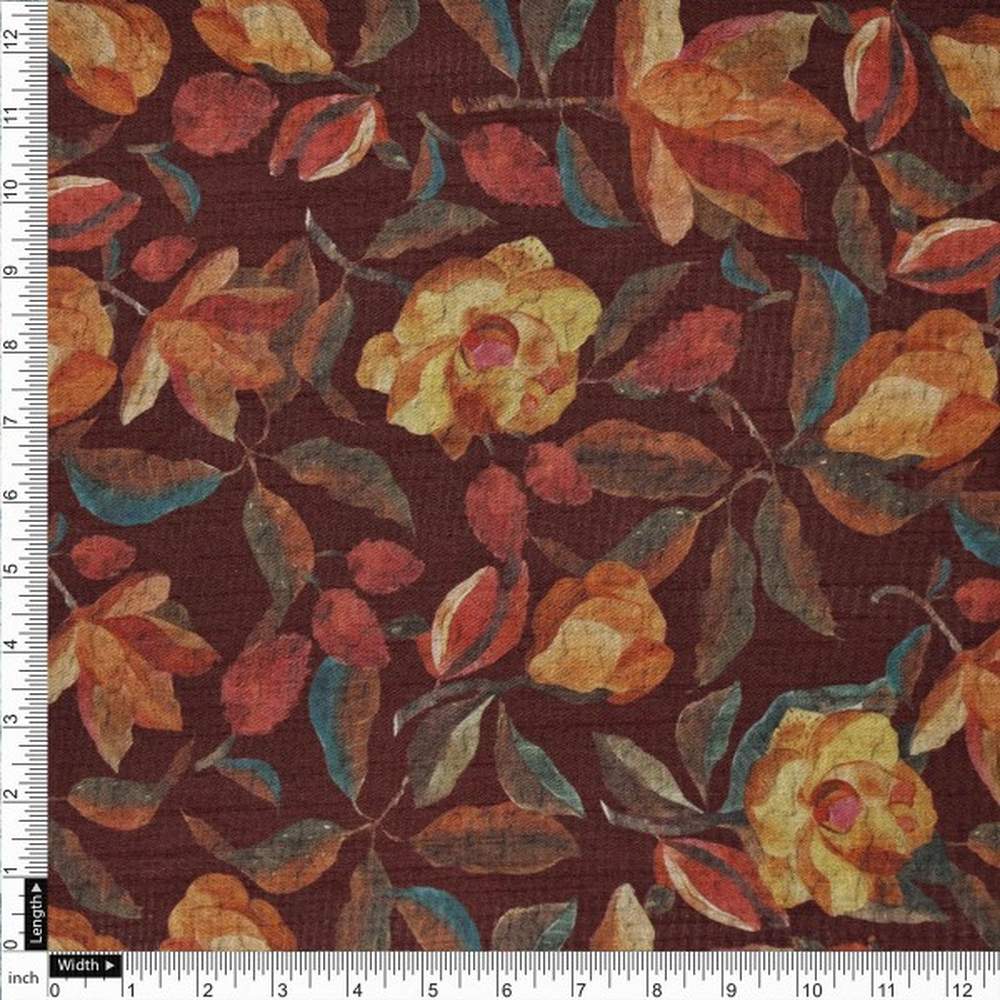 Floral Coffee Brown Dola Silk Fabric - Polyester Print – ds 0 aa689 110 4