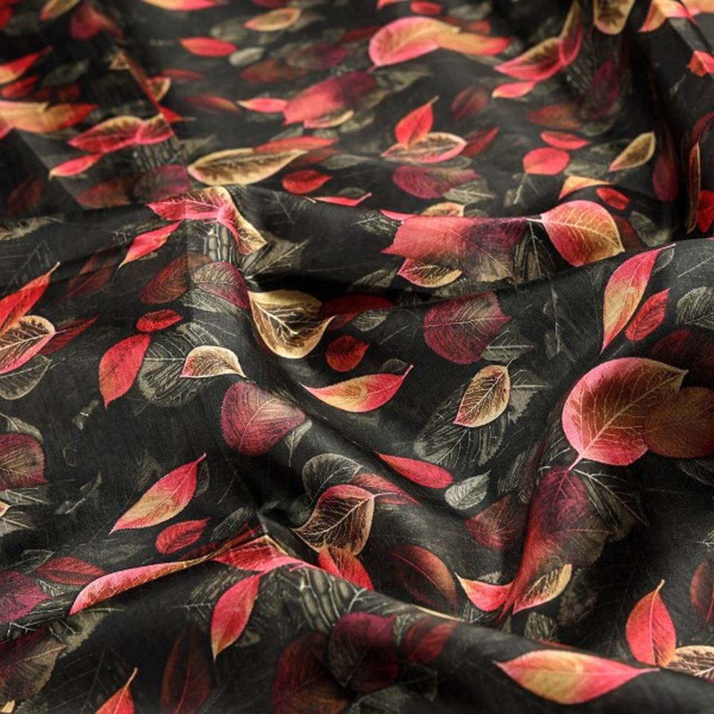 Autumn Leaves Print Dola Silk Polyester Fabric - Black/Red – ds 0 aa706 110 1
