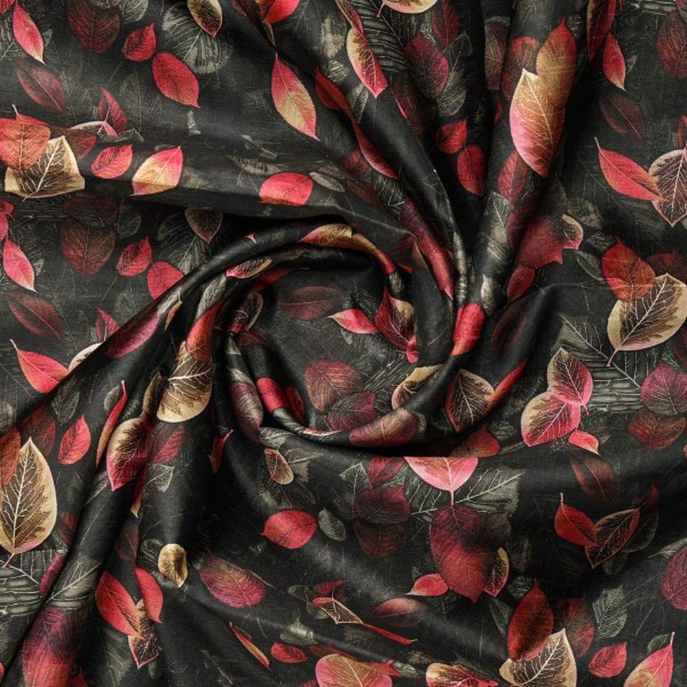 Autumn Leaves Print Dola Silk Polyester Fabric - Black/Red – ds 0 aa706 110 2