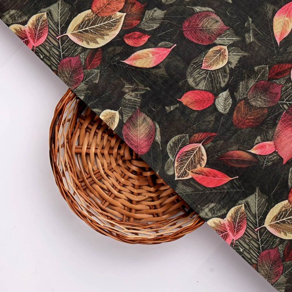 Autumn Leaves Print Dola Silk Polyester Fabric - Black/Red – ds 0 aa706 110 3