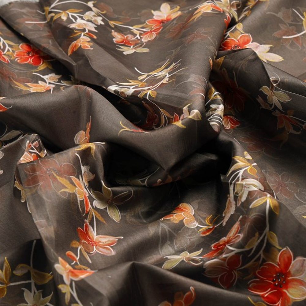 FAB VOGUE Studio Coffee Brown Floral Printed Dola Silk Fabric – ds 0 aa791 110 1