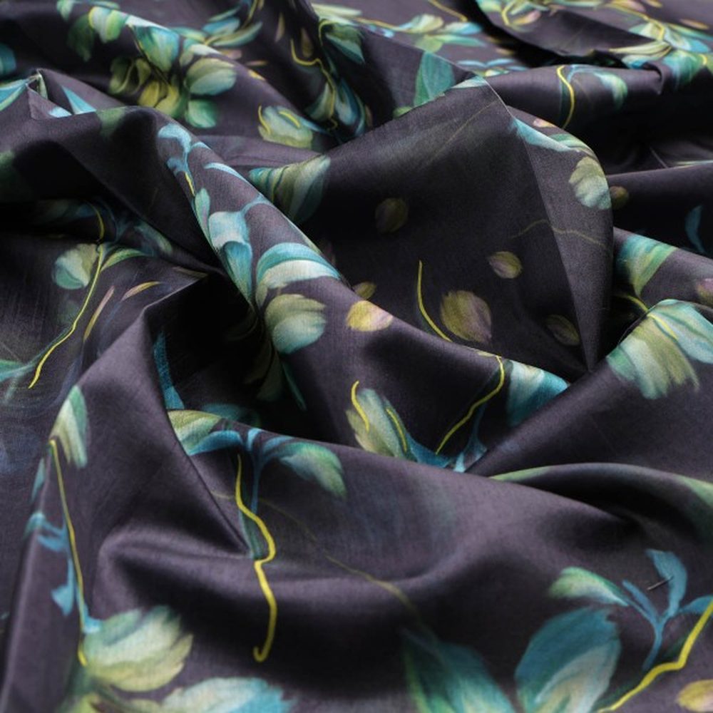 Charcoal Dola Silk Fabric with Green & Turquoise Leaf Print – ds 0 aa795 110 1