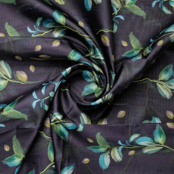 Charcoal Dola Silk Fabric with Green & Turquoise Leaf Print – ds 0 aa795 110 2 - alternate view