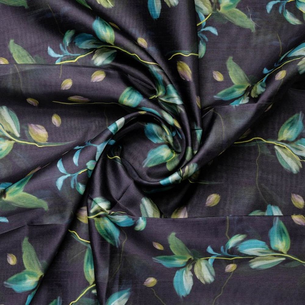 Charcoal Dola Silk Fabric with Green & Turquoise Leaf Print – ds 0 aa795 110 2