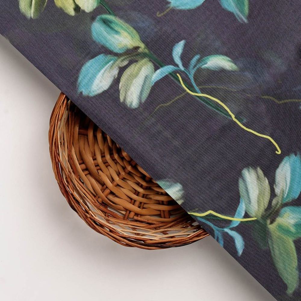 Charcoal Dola Silk Fabric with Green & Turquoise Leaf Print – ds 0 aa795 110 3