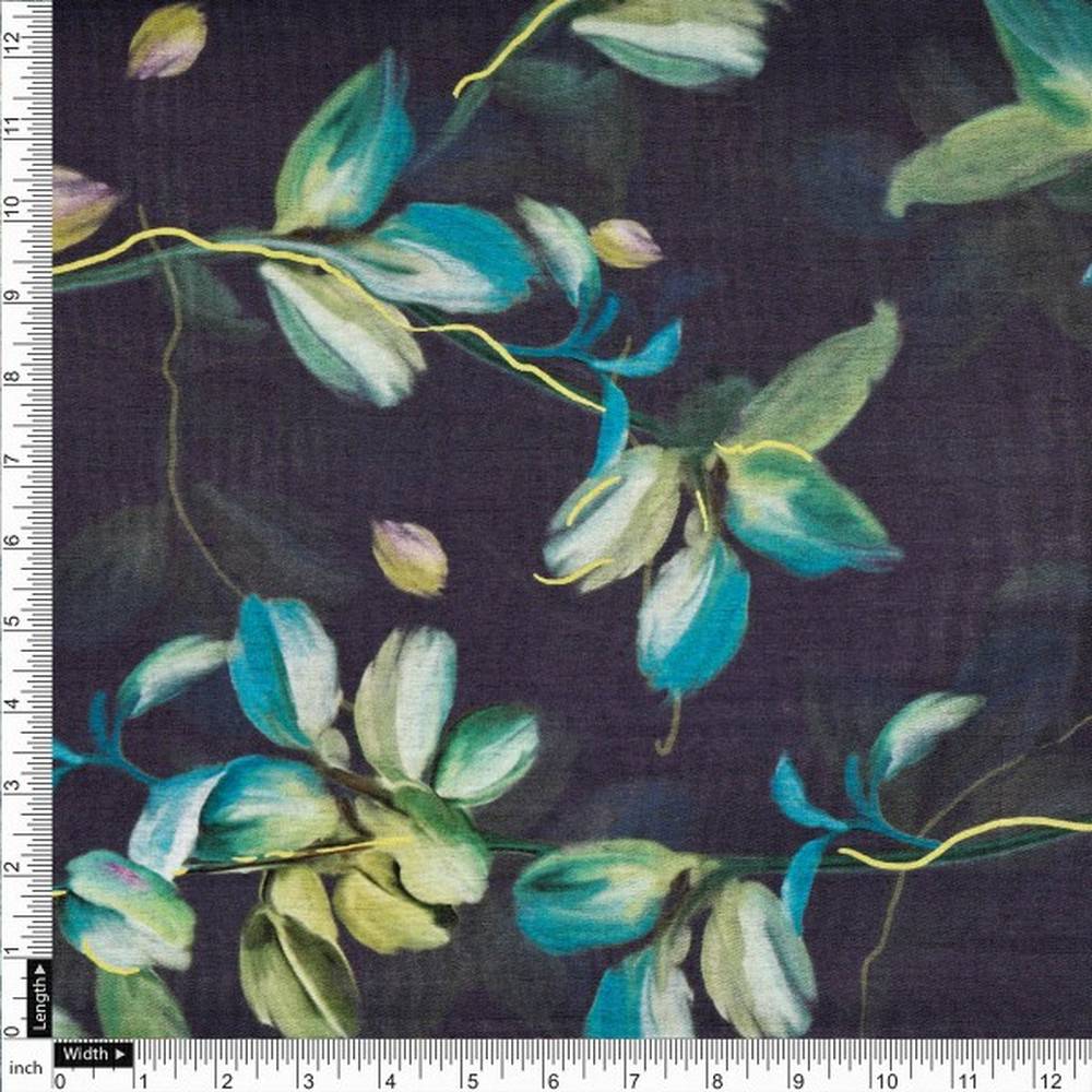Charcoal Dola Silk Fabric with Green & Turquoise Leaf Print – ds 0 aa795 110 4