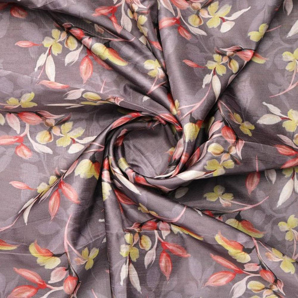 Grey & Yellow Floral Leaves Printed Dola Silk Fabric – ds 0 aa799 110 2 - alternate view