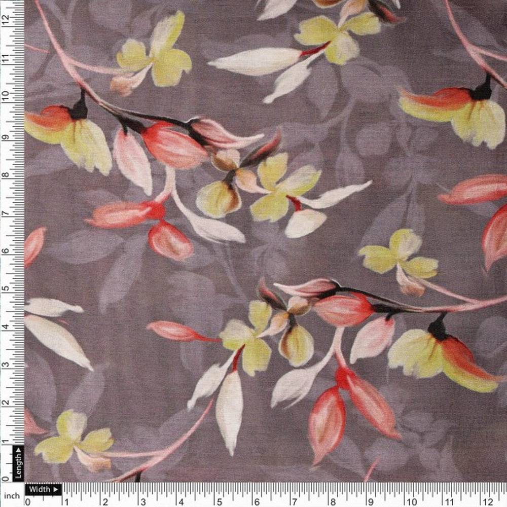 Grey & Yellow Floral Leaves Printed Dola Silk Fabric – ds 0 aa799 110 4