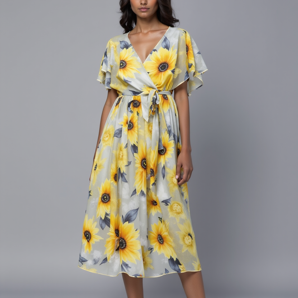 Morden Classic Yellow Sunflower Digital Printed Fabric - Pure Chiffon