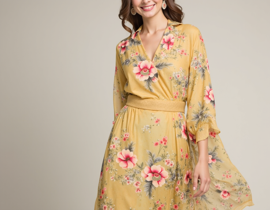 FAB VOGUE Studio - Digital Printed Chiffon Fabric - Yellow Floral Pattern
