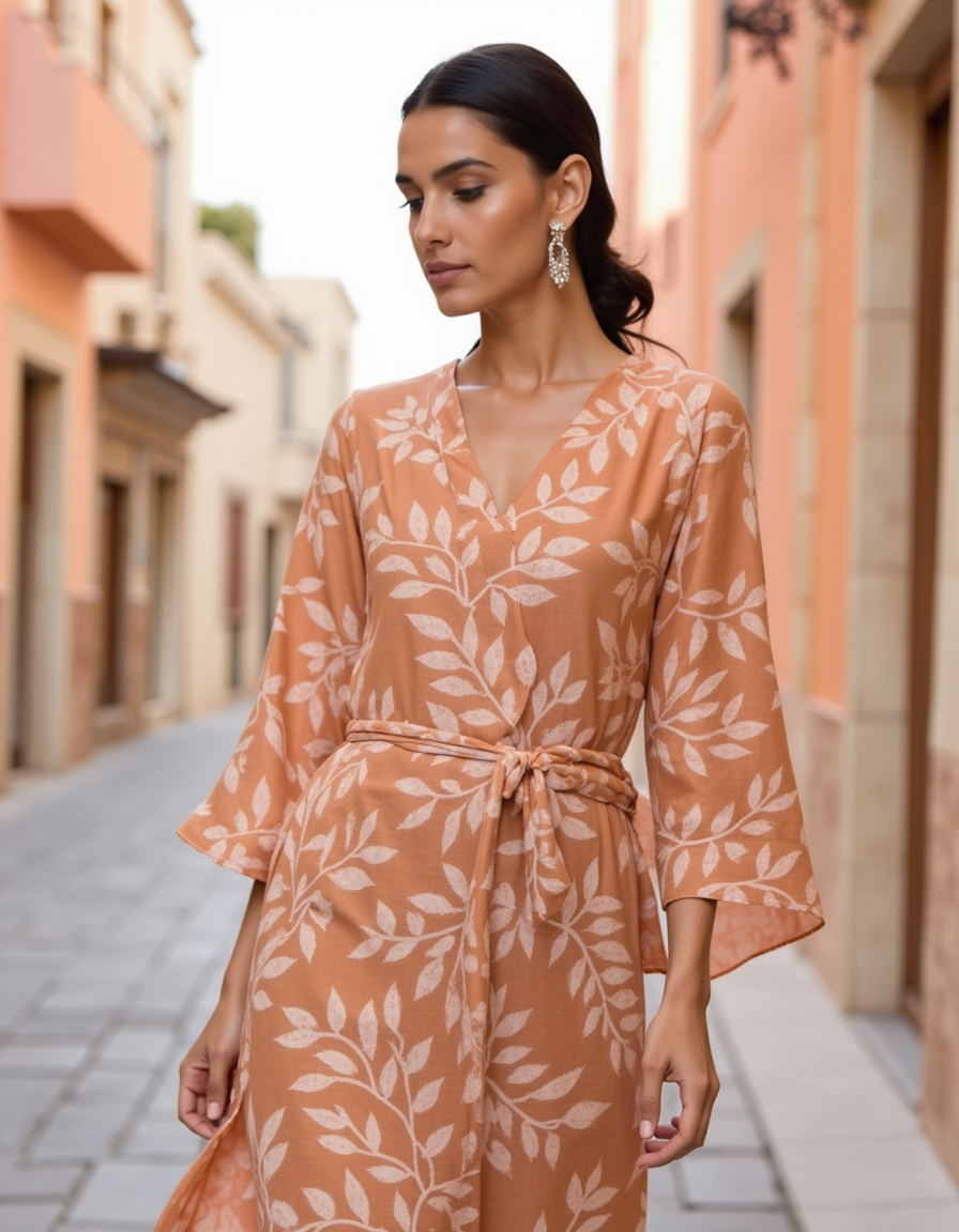 Chanderi Digital Printed Fabric - Orange Leaves