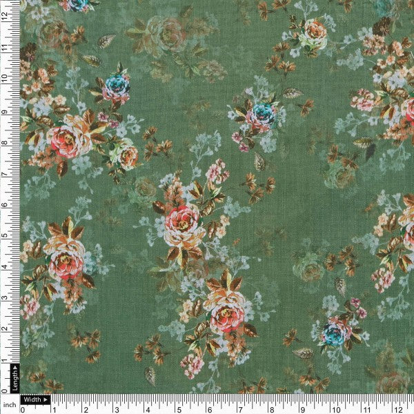 Vintage Rose Floral Print on Olive Green Muslin Fabric
