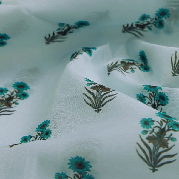 Turquoise Blue Floral Buti Printed Chanderi Fabric