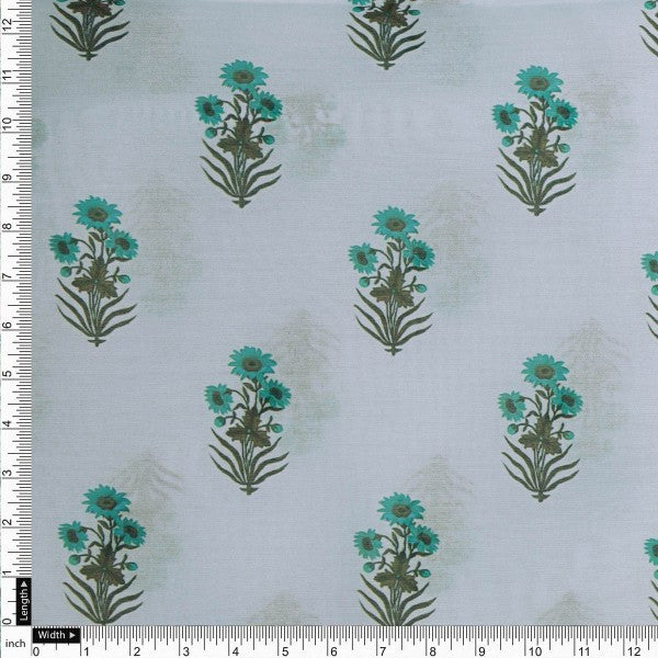 Turquoise Blue Floral Buti Printed Chanderi Fabric