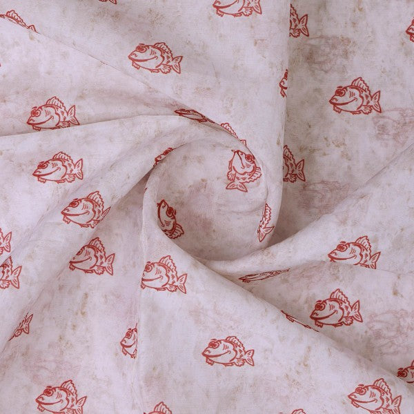 Quirky Red Fish Print on Off White Chanderi Fabric
