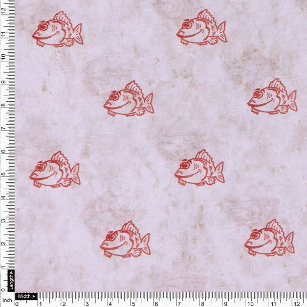 Quirky Red Fish Print on Off White Chanderi Fabric