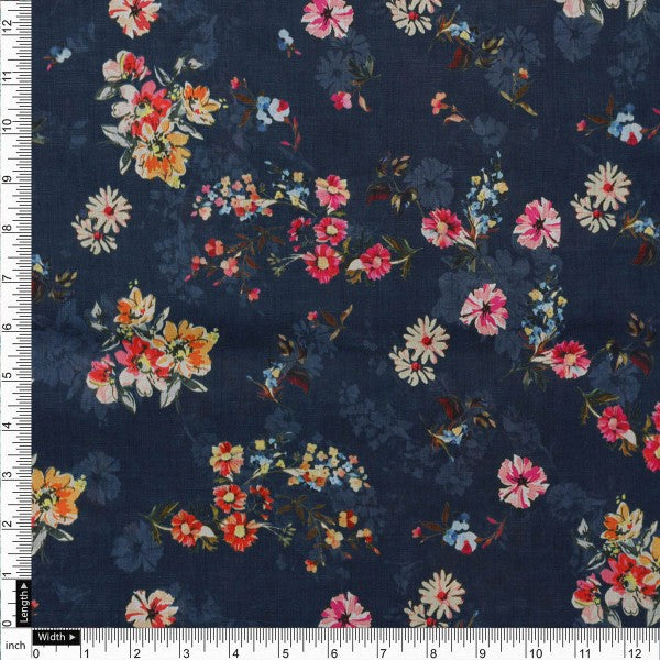 Vintage Ditsy Floral Garden Navy Blue Muslin Fabric