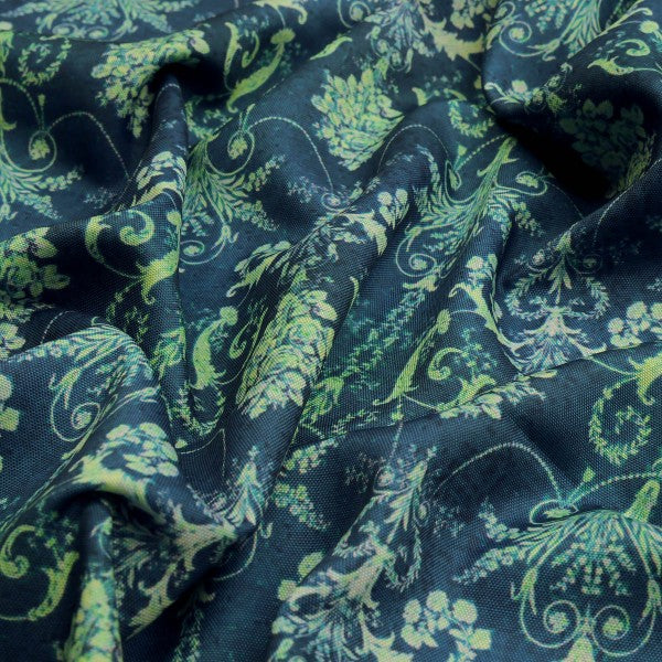Teal and Lime Green Damask Patterned Rayon Fabric