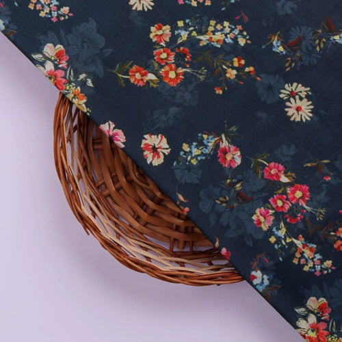 Vintage Ditsy Floral Garden Navy Blue Muslin Fabric