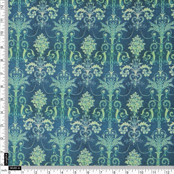 Teal and Lime Green Damask Patterned Rayon Fabric