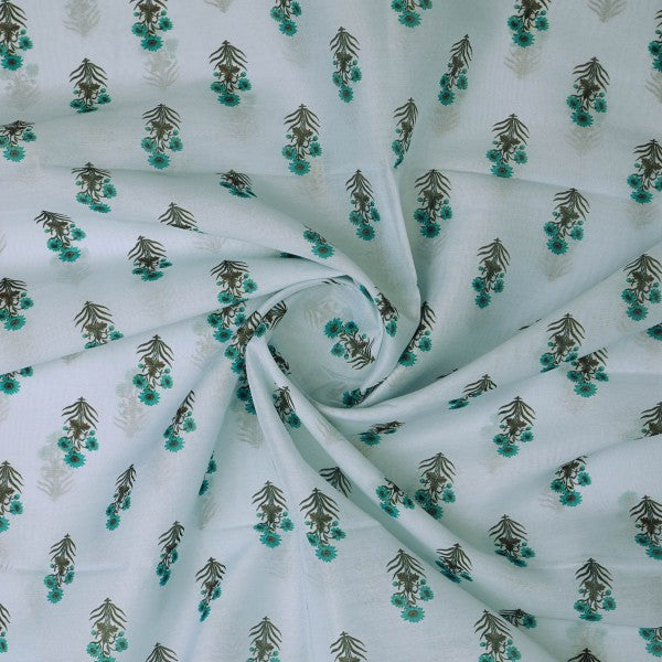 Turquoise Blue Floral Buti Printed Chanderi Fabric