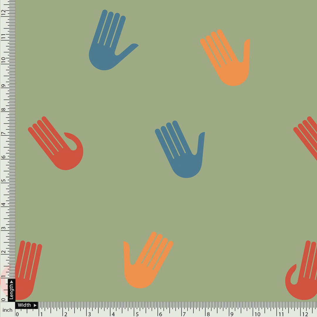 Green Muslin Digital Printed Fabric With Quirky Kids Hand Prints